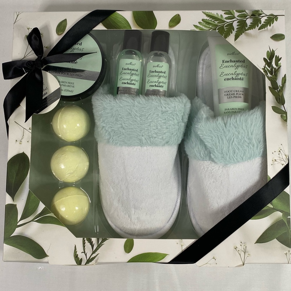 Pure Spa 9PC Slipper Set Lotion Foot Wash & Cream Bath Bombs Body Oil Eucalyptus